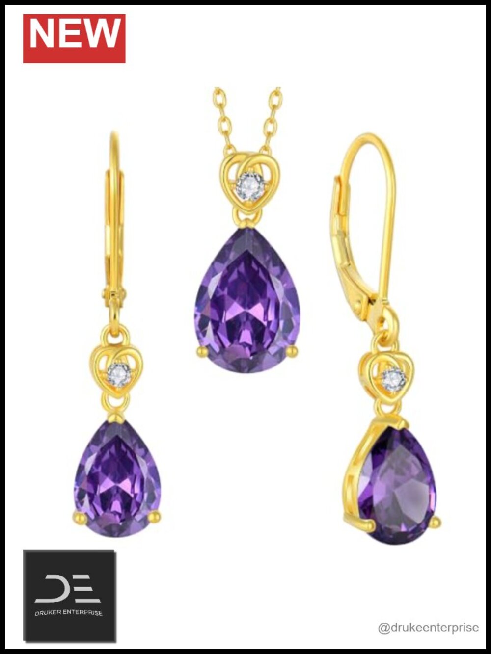 Created Amethyst February Birthstone Jewelry Set Teardrop Purple Drop Earrings
